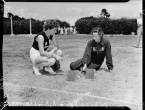 British Empire Games athletes Dorrie Parker (Waikato) and Sylvia Cheeseman (England), Eden Park, Auckland