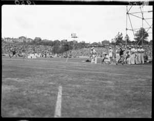 Finish of the 6-miles race, 1950 British Empire Games, Eden Park, Auckland, with New Zealander, Harry Nelson, winning