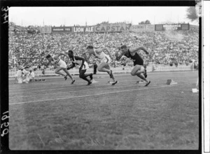 Start of a 100-yard race, 1950 British Empire Games, Eden Park, Auckland