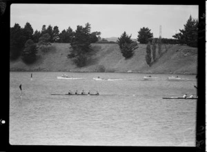 New Zealand fours team winning rowing race, 1950 British Empire Games, Lake Karapiro