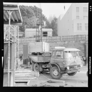 S Ivory Ltd truck delivering goods to construction site of Reserve Bank of New Zealand, Wellington