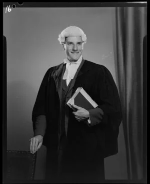 Studio portrait of Mr Alderdyce in legal wig and gown