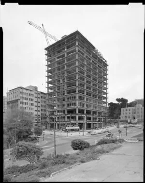 Reserve Bank building construction site, The Terrace, Wellington, view from parliament