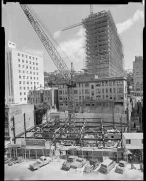 McCarthy Trust building construction site, Lambton Quay, Wellington, also shows Gleneagles building and Mayfair Chambers