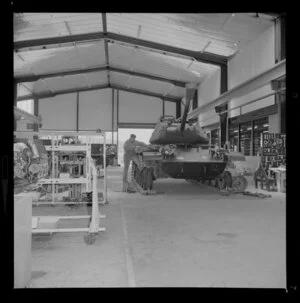 Tank in Royal Electrical and Mechanical Engineers workshop, Waiouru military camp