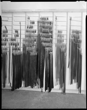 Shop interior showing belts displayed on the wall, Tatra Leather Goods, Wellington