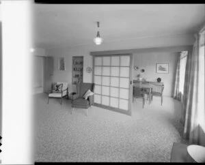 Living room and dining room, probably Cook house, 16 Orr Crescent, Epuni, Lower Hutt