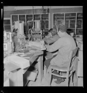 Two employees working at the Tatra Leather factory, Wainuiomata