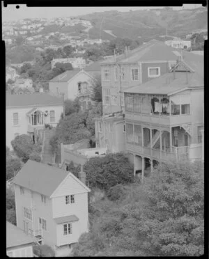 Houses, Dixon Street zigzag steps up to The Terrace, Wellington