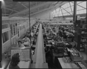 Women working on the factory floor of Tatra Leather Factory, Wainuiomata