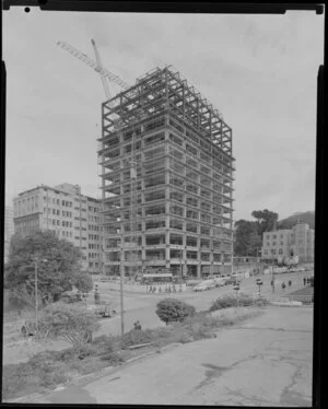 Reserve Bank building construction site, The Terrace, Wellington, view from Parliament