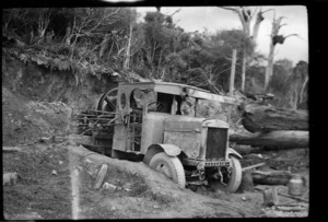 Truck with log hauler attached, at an Akatarawa Company logging operation
