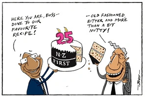 [Ron Mark presents a birthday cake to Winston Peters]