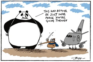 [Chinese panda bear admonishes little kiwi bird who brandishes a sword in front of his new American made aircraft]