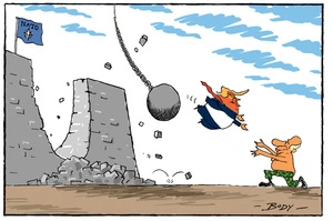 [Donald Trump rides a wrecking ball, crashing through the NATO wall, to meet Putin]