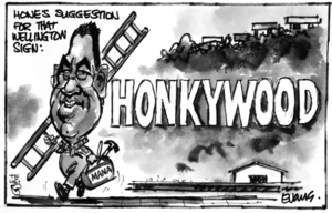 Evans, Malcolm Paul, 1945- :Hone's suggestion for that Wellington sign - Honkywood. 27 May 2011