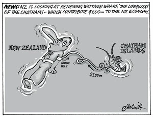 Smith, Ashley W, 1948- :News - NZ is looking at renewing Waitangi wharf, 'the lifeblood' of the Chathams - which contribute $200m to the NZ economy. 25 May 2011