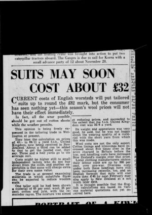 Copy of newspaper clipping headlined 'Suits may soon cost about £32'