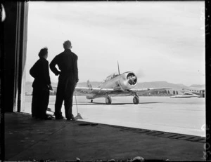 Workmen and plane at Woodbourne Air Force Base, Blenheim