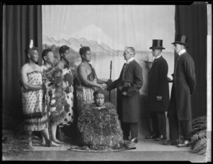 Tableau, re-enacting a meeting between European Christian missionaries and Maori, at the East and West Missionary Exhibition, Wellington Town Hall