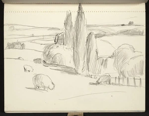 Hill, Mabel 1872-1956 :[English landscape with trees and sheep. 1943?].