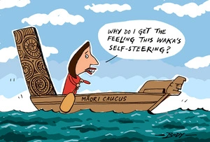 [Jacinda Ardern trying to paddle a "self-steering" "Maori Caucus" waka]