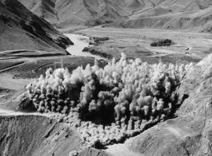 Blast cloud as explosives are used to create the spillway intake at the Benmore hydroelectric project - Photographer unidentified