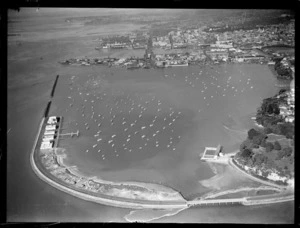 View of the Westhaven Marina and Ports of Auckland Freemans Bay and Viaduct Basin with wharf area and Auckland City beyond