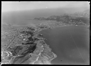 View south over the Miramar Peninsula and Evans Bay to Wellington Airport and the suburb of Kilbirnie, Wellington City