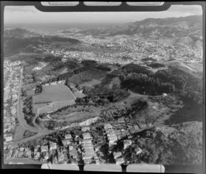 View south over Hataitai Park and the Mt Victoria tunnel exit in the foreground to the suburbs of Newtown and Island Bay beyond, Wellington City