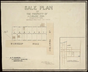 Rawson, Alfred Pearson, fl 1893-1912 :Sale plan of the property of A. C. Major Esq., Masterton [ms map]. A. P. Rawson, Authorised surveyor, Masterton, August 29th 1905
