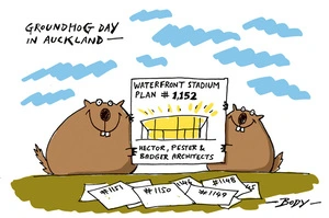 Two groundhogs hold up Auckland's "Waterfront Stadium Plan #1,152" by Hector, Pester & Badger Architects