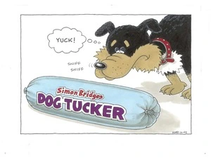 Sheepdog sniffs "Simon Bridge's Dog Tucker" and thinks "Yuck"
