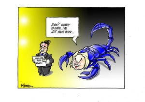 Judith Collins as a large blue scorpion reassures Simon Bridges that she's "got your back" over the "Jamie-Lee Ross debacle"