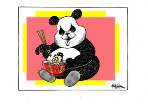 Simon Bridges in a bowl of noodles about to be eaten by a large Chinese panda bear