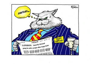 A fat cat wearing a "Power Companies" suit thinks "Amateurs..." as he reads newspaper headline about a heist