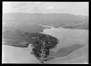The southern Hokianga Harbour peninsula town of Rawene with Parnell Street and Wharf in foreground, looking to the Omanaia River Estuary beyond, Northland Region