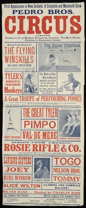 Pedro Bros Circus Limited :First appearance in New Zealand. A complete mammoth show, coming in all its restless conquering grandeur, the most worthy combine in amusement annals. Evening Post print - 48863 [1931].