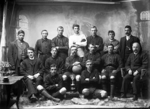 Group portrait of a male soccer team from Kaponga