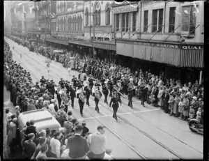 Brass bands marching in Willis Street, Wellington