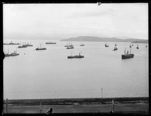 Part 2 of a 3 part panorama showing ships in Wellington Harbour during, or shortly after, the 1913 waterfront strike