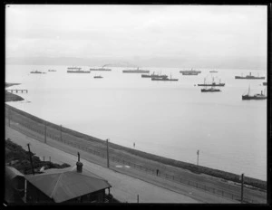 Part 1 of a 3 part panorama showing ships in Wellington Harbour during, or shortly after, the 1913 waterfront strike