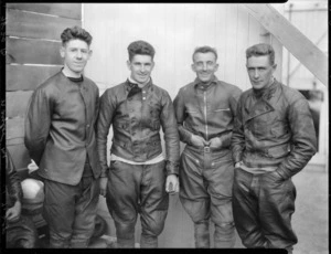 Speedway riders Syd Perkins, Wally Kilmister, Frank Pearce and Charlie Spinks, at Kilbirnie stadium