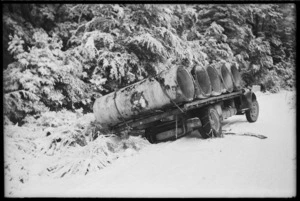 Railways road service truck stuck on a snow covered road, West Coast