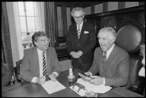 David Lange, Sir Paul Reeves, and Patrick Millen in Parliament House, Wellington - Photograph taken by Ross Giblin
