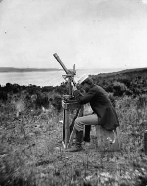 Dr Scott using a Zenith telescope on the Chatham Islands, during the 1874 United States expedition to observe the transit of Venus