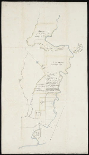 [Creator unknown] :[Sketch of sections and Maori reserves in Hua Block, near the Waiwakaiho River, Taranaki] [ms map]. [1884]
