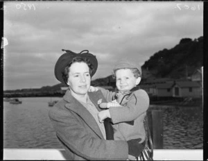 Mrs H Williamson and her son, passengers on first TEAL Solent flying boat flight from Sydney to Wellington