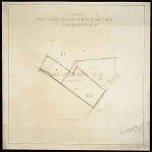 Seaton, Everand W, fl 1899 :Plan of part sec 8, Blk XI & secs 3 and 7 Blk XV Wairarapa S.D. [Survey District] [ms map]. Signed Everand W Seaton, authsd surveyor, 18/20/[19]02.