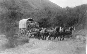 Horse drawn wagon carrying wool bales, on Taylor Pass, Hamner